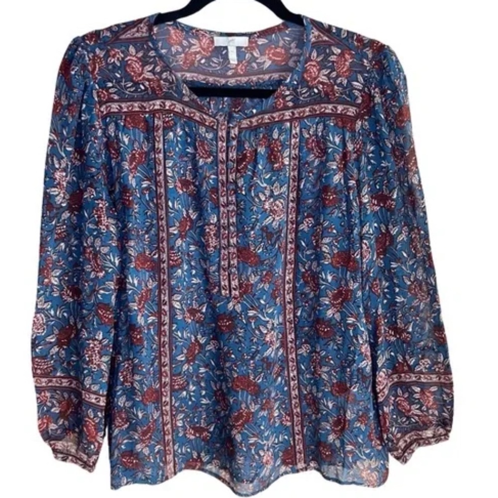 Joie Sheer Floral Blue 100% Silk Blouse, XS